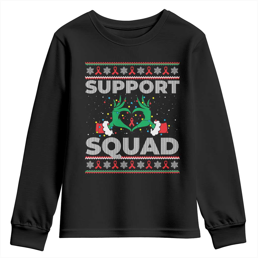 Support Squad HIV Awareness Gift Youth Sweatshirt Green Hand Red Ribbon Ugly Sweater Christmas Gift TS12 Black Print Your Wear