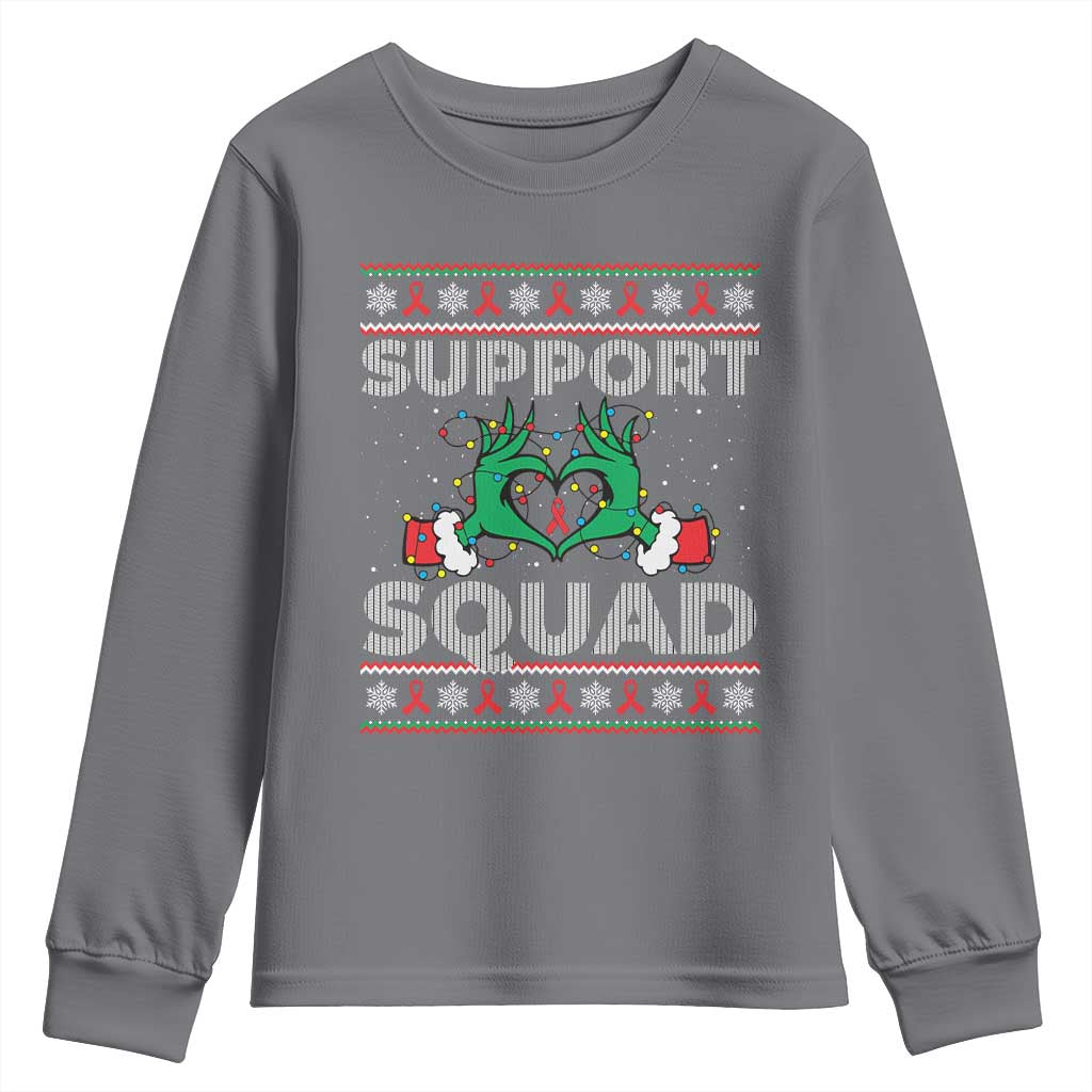 Support Squad HIV Awareness Gift Youth Sweatshirt Green Hand Red Ribbon Ugly Sweater Christmas Gift TS12 Charcoal Print Your Wear