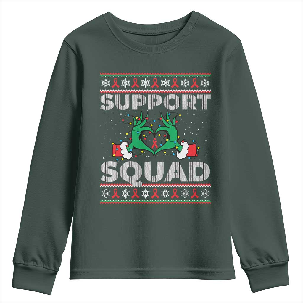 Support Squad HIV Awareness Gift Youth Sweatshirt Green Hand Red Ribbon Ugly Sweater Christmas Gift TS12 Dark Forest Green Print Your Wear