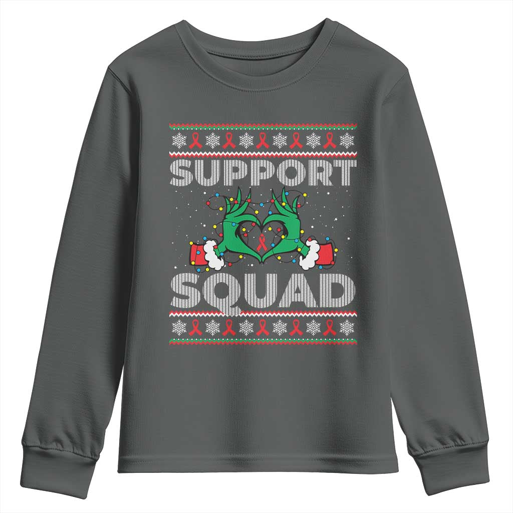 Support Squad HIV Awareness Gift Youth Sweatshirt Green Hand Red Ribbon Ugly Sweater Christmas Gift TS12 Dark Heather Print Your Wear