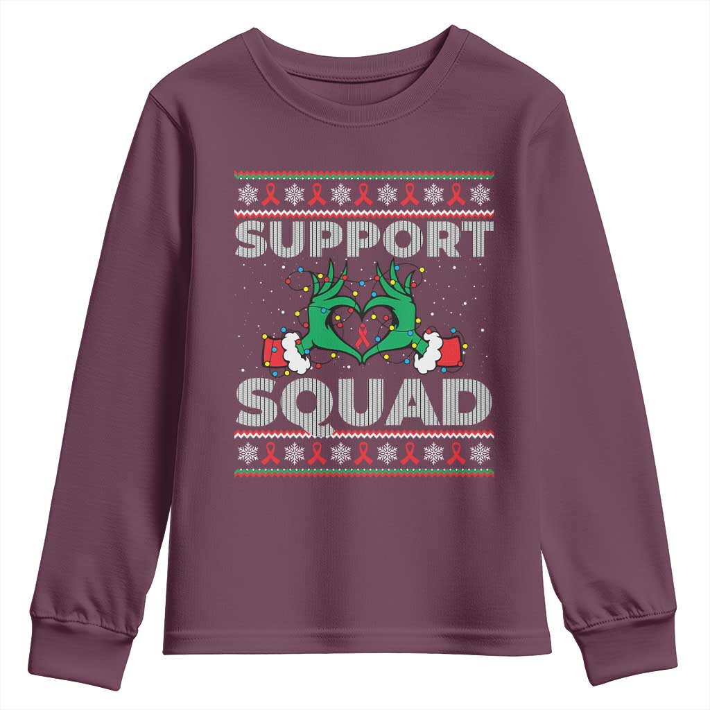 Support Squad HIV Awareness Gift Youth Sweatshirt Green Hand Red Ribbon Ugly Sweater Christmas Gift TS12 Maroon Print Your Wear