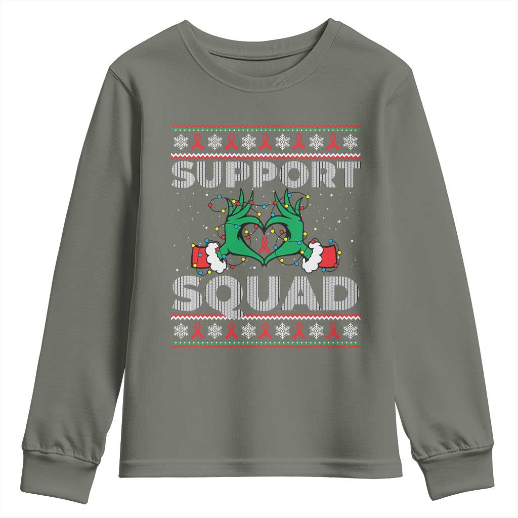 Support Squad HIV Awareness Gift Youth Sweatshirt Green Hand Red Ribbon Ugly Sweater Christmas Gift TS12 Military Green Print Your Wear