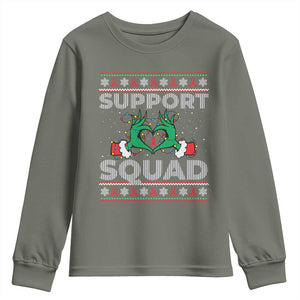 Support Squad HIV Awareness Gift Youth Sweatshirt Green Hand Red Ribbon Ugly Sweater Christmas Gift TS12 Military Green Print Your Wear