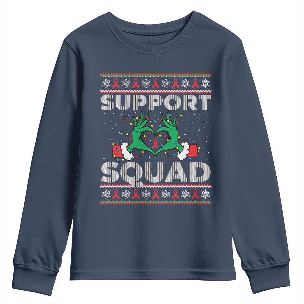 Support Squad HIV Awareness Gift Youth Sweatshirt Green Hand Red Ribbon Ugly Sweater Christmas Gift TS12 Navy Print Your Wear