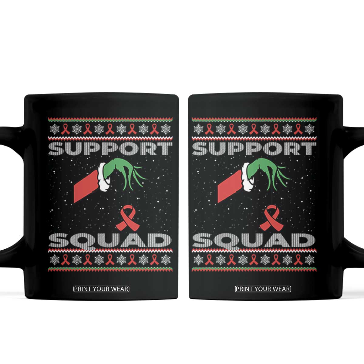 Funny Green Hand Red Ribbon HIV Awareness Coffee Mug Support Squad Ugly Sweater Gift TS12 Black Print Your Wear