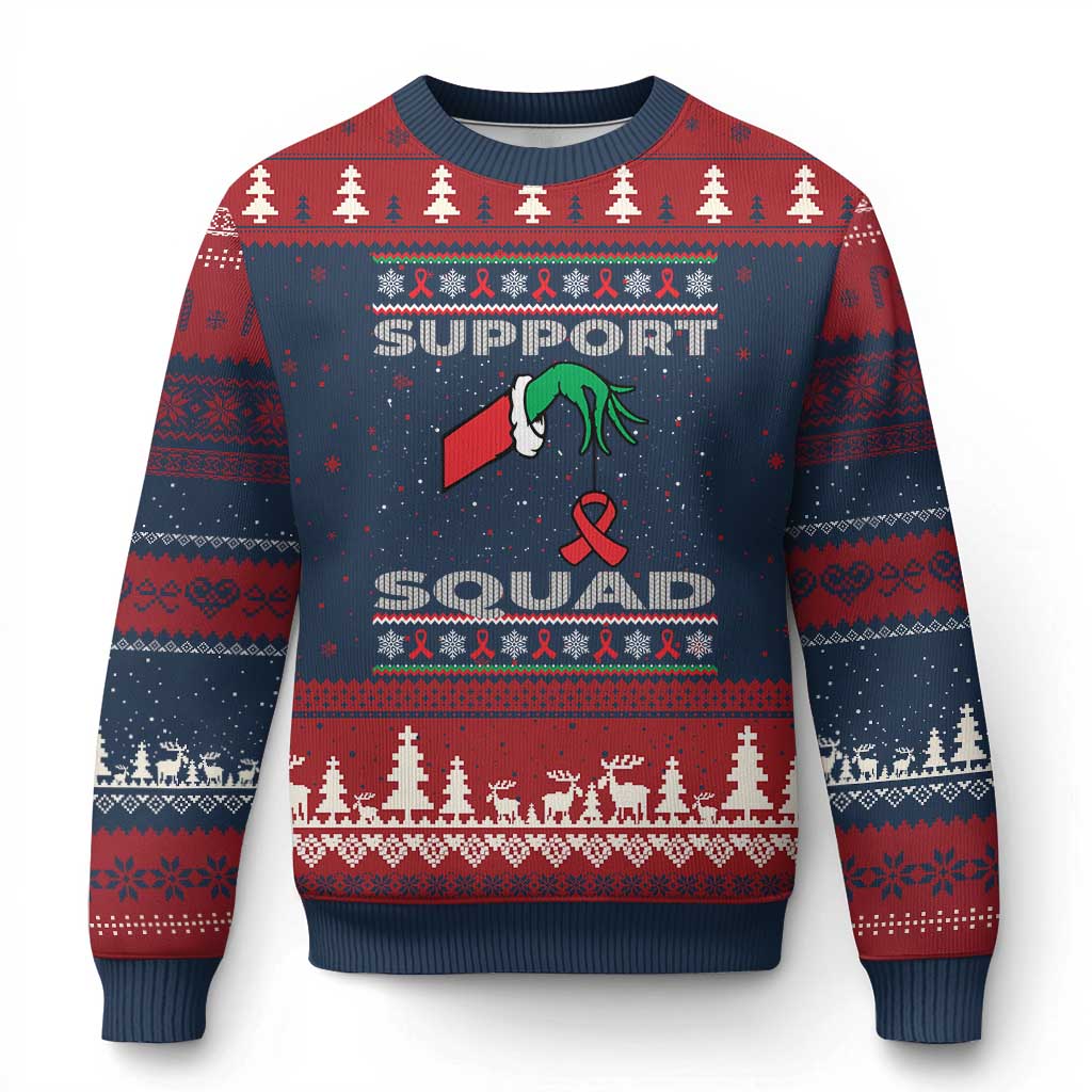Funny Green Hand Red Ribbon HIV Awareness Ugly Christmas Sweater Support Squad Ugly Sweater Gift TS12 Navy Red Print Your Wear