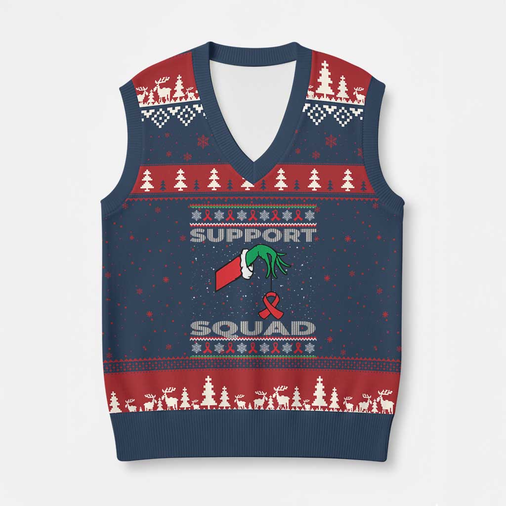 Funny Green Hand Red Ribbon HIV Awareness V-Neck Knit Sweater Vest Support Squad Ugly Sweater Gift TS12 Navy Red Print Your Wear