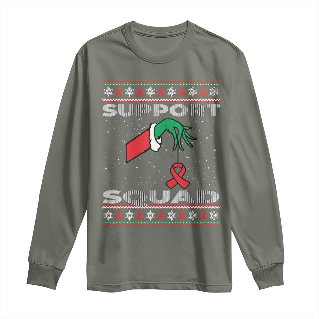 Funny Green Hand Red Ribbon HIV Awareness Long Sleeve Shirt Support Squad Ugly Sweater Gift TS12 Military Green Print Your Wear
