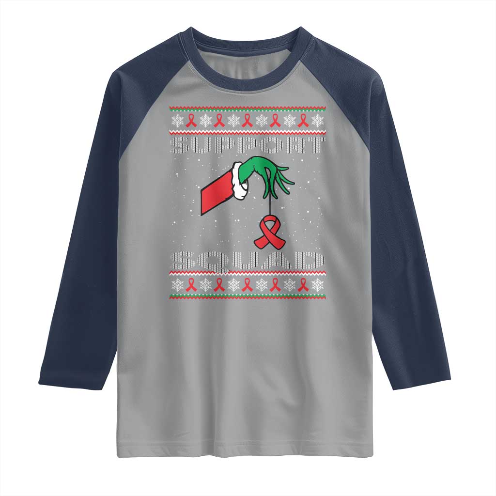 Funny Green Hand Red Ribbon HIV Awareness Raglan Shirt Support Squad Ugly Sweater Gift TS12 Sport Gray Navy Print Your Wear