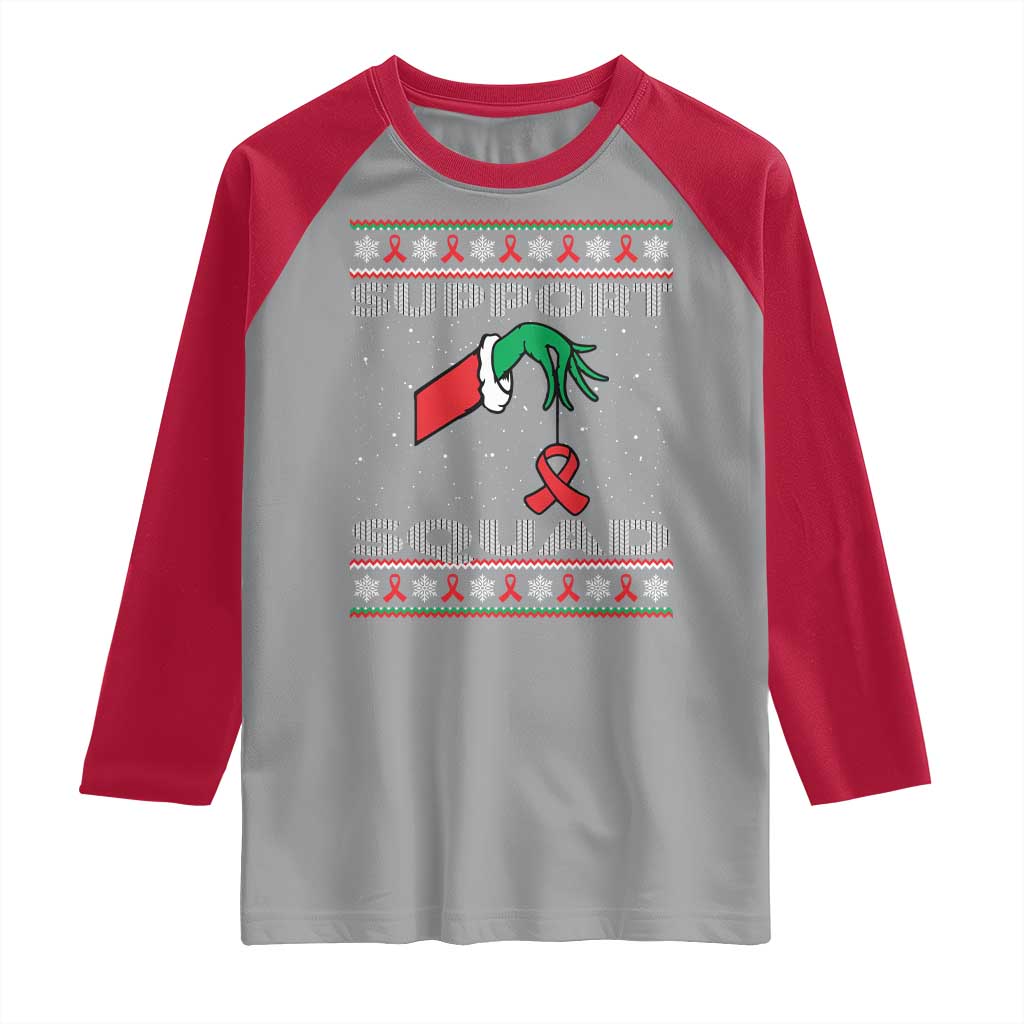 Funny Green Hand Red Ribbon HIV Awareness Raglan Shirt Support Squad Ugly Sweater Gift TS12 Sport Gray Red Print Your Wear