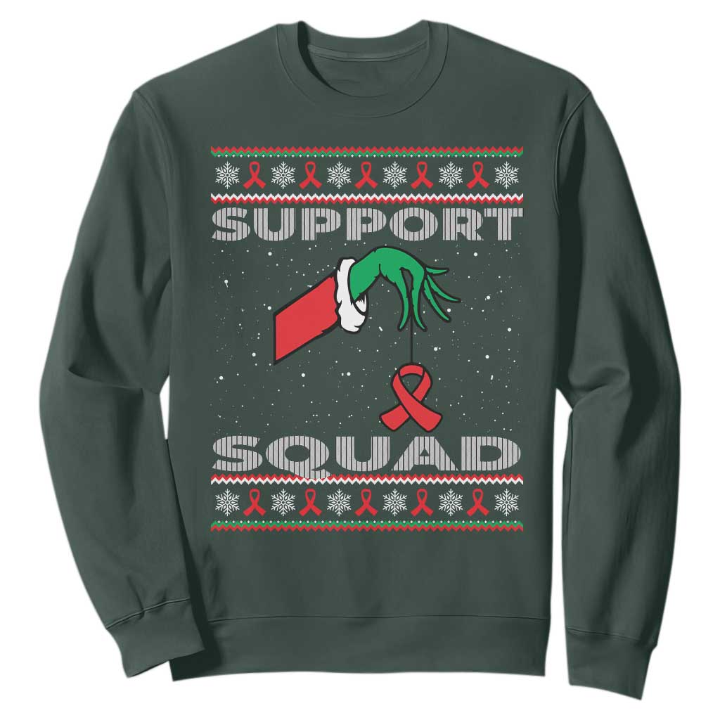 Funny Green Hand Red Ribbon HIV Awareness Sweatshirt Support Squad Ugly Sweater Gift TS12 Dark Forest Green Print Your Wear