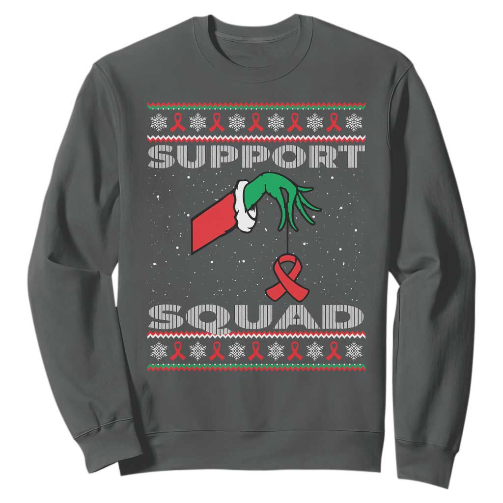 Funny Green Hand Red Ribbon HIV Awareness Sweatshirt Support Squad Ugly Sweater Gift TS12 Dark Heather Print Your Wear