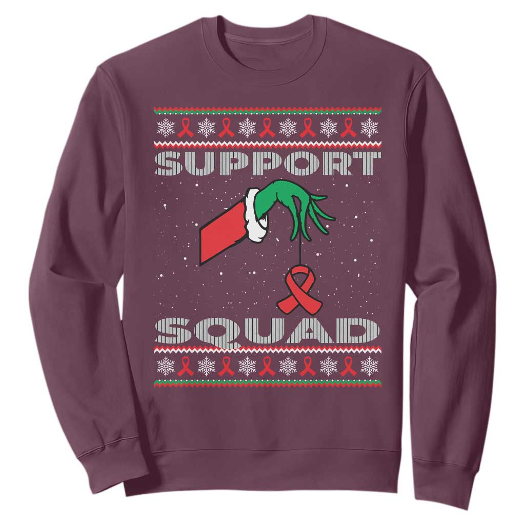 Funny Green Hand Red Ribbon HIV Awareness Sweatshirt Support Squad Ugly Sweater Gift TS12 Maroon Print Your Wear