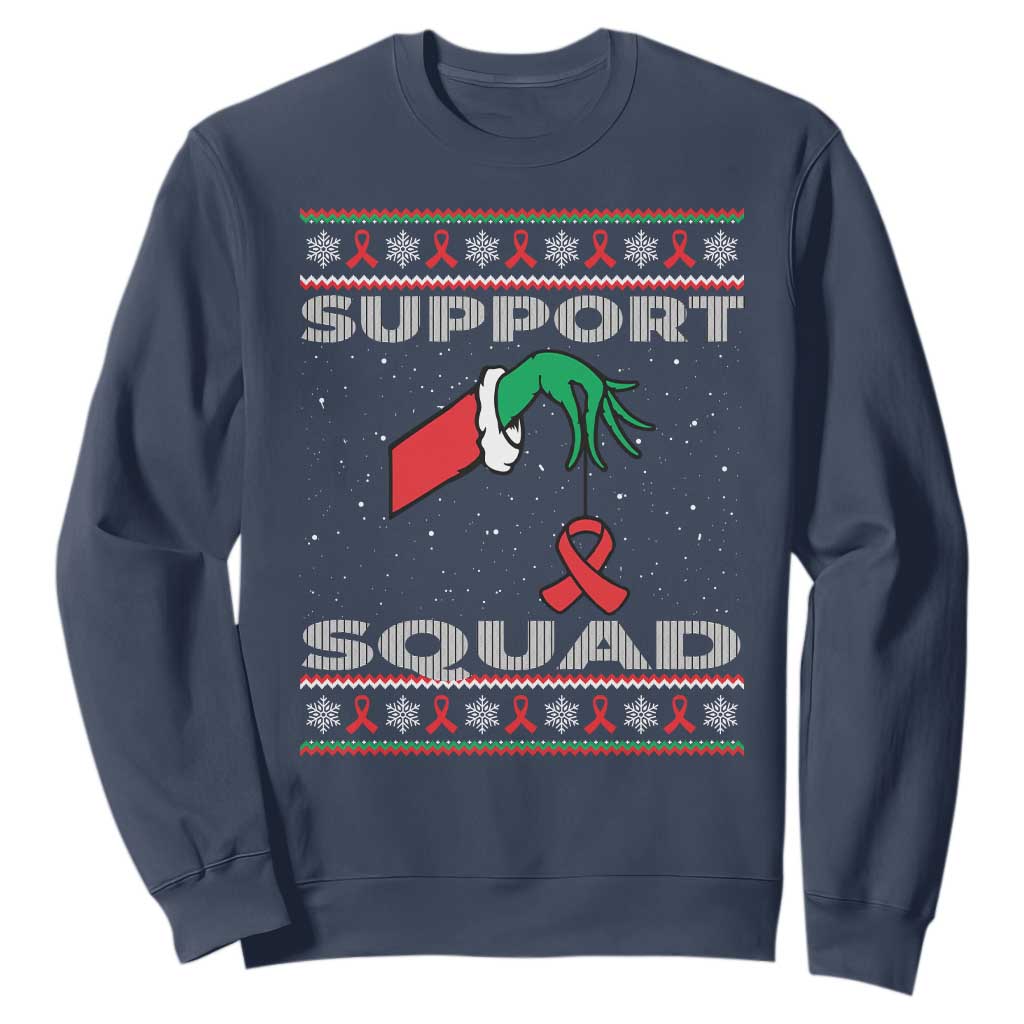 Funny Green Hand Red Ribbon HIV Awareness Sweatshirt Support Squad Ugly Sweater Gift TS12 Navy Print Your Wear