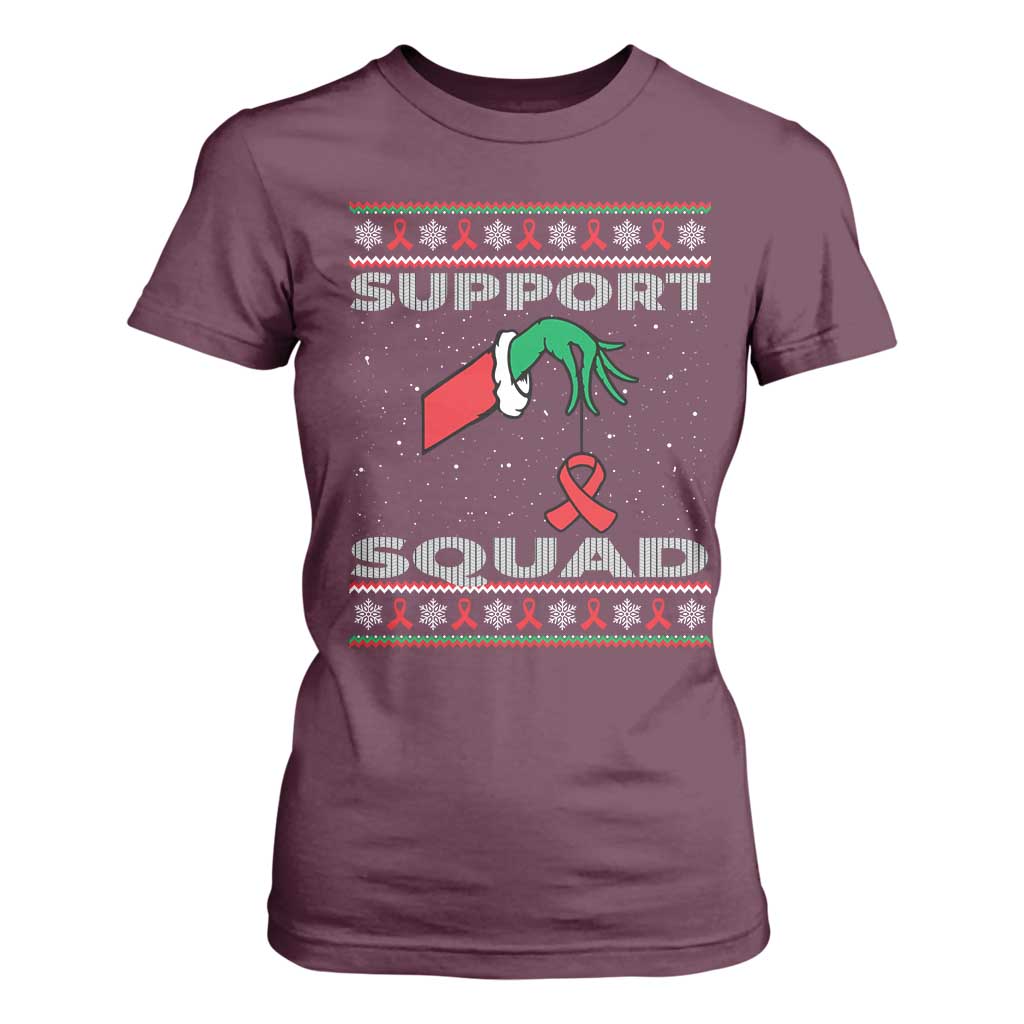 Funny Green Hand Red Ribbon HIV Awareness T Shirt For Women Support Squad Ugly Sweater Gift TS12 Maroon Print Your Wear