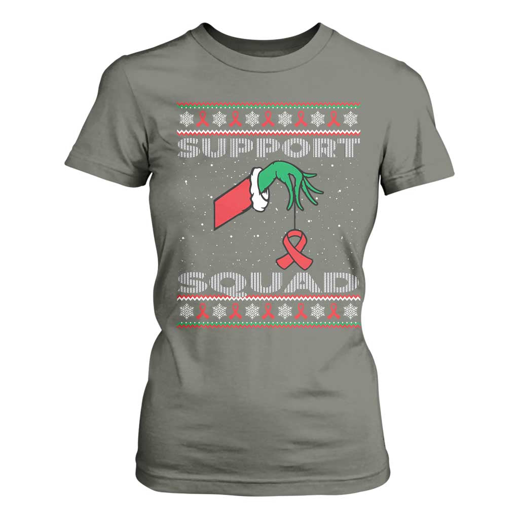 Funny Green Hand Red Ribbon HIV Awareness T Shirt For Women Support Squad Ugly Sweater Gift TS12 Military Green Print Your Wear