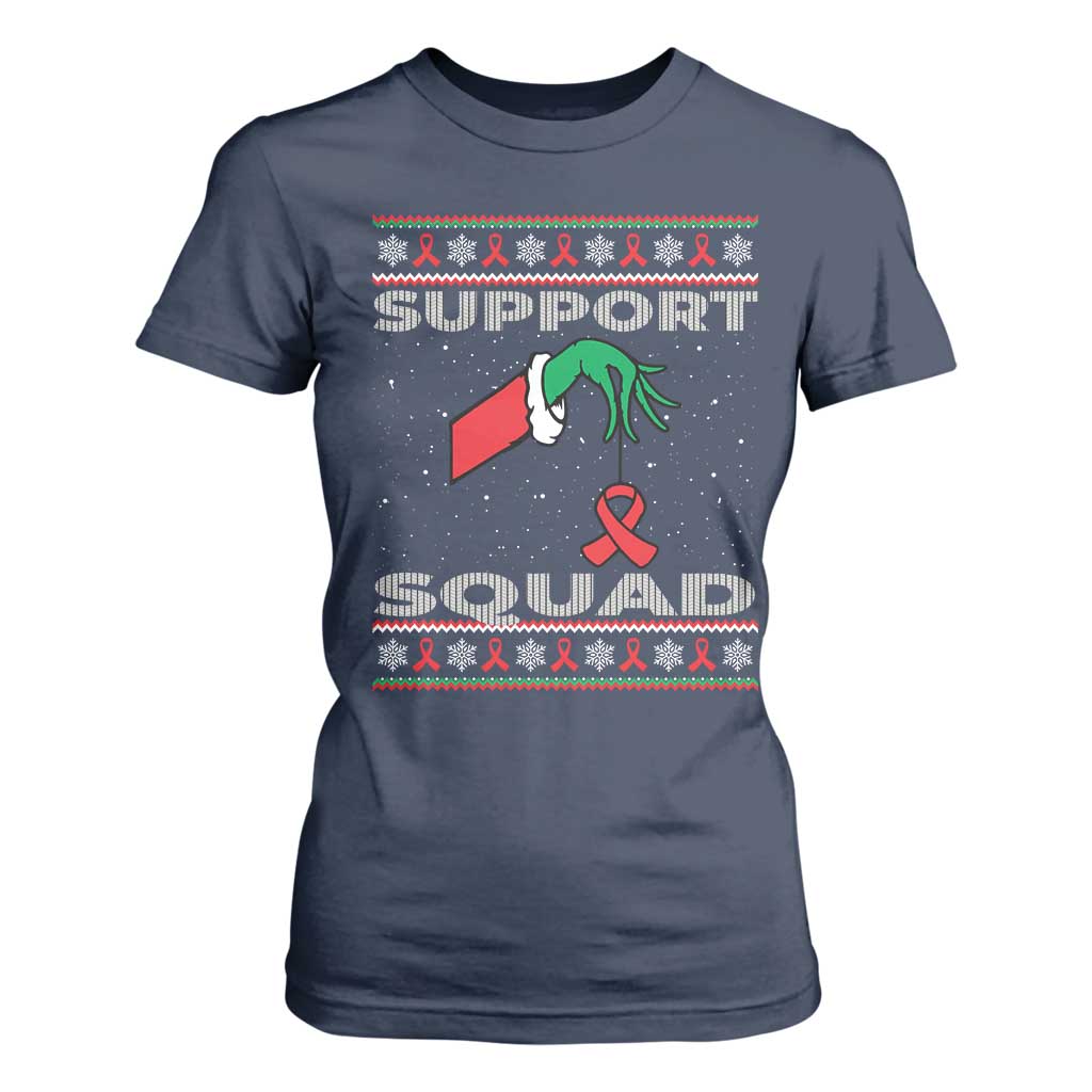 Funny Green Hand Red Ribbon HIV Awareness T Shirt For Women Support Squad Ugly Sweater Gift TS12 Navy Print Your Wear