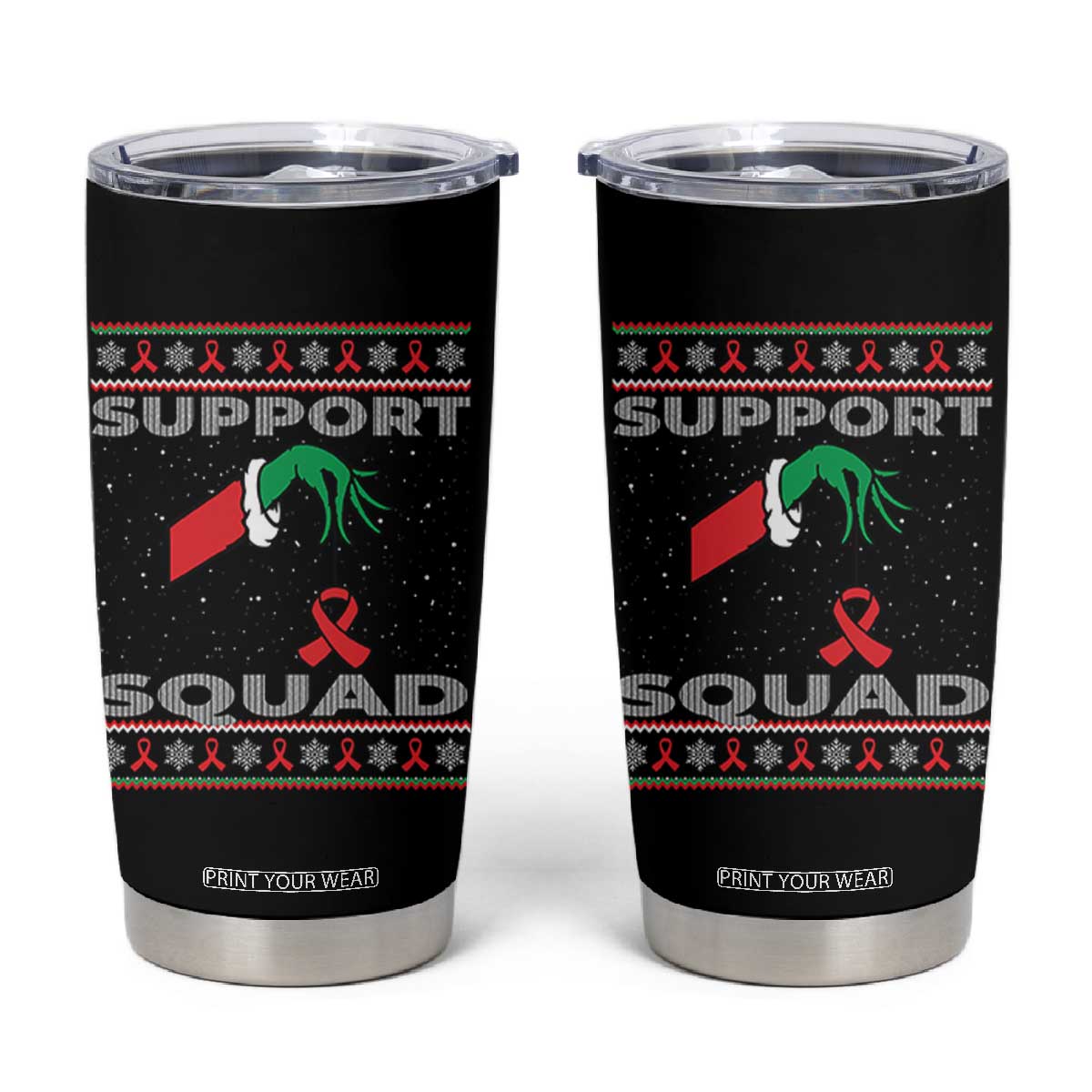 Funny Green Hand Red Ribbon HIV Awareness Tumbler Cup Support Squad Ugly Sweater Gift TS12 Black Print Your Wear