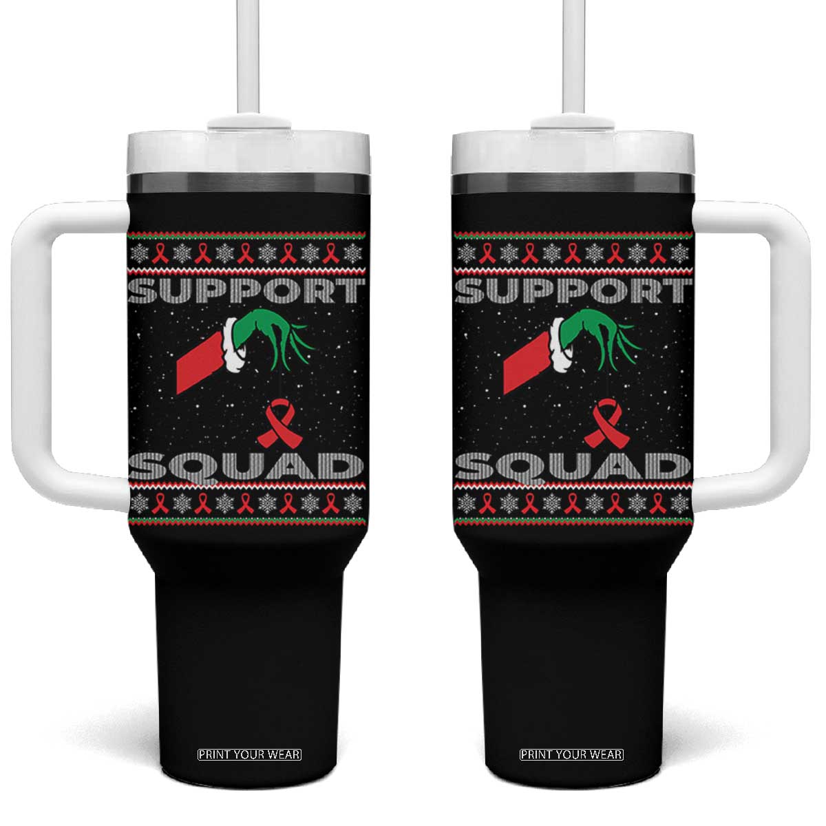 Funny Green Hand Red Ribbon HIV Awareness Tumbler With Handle Support Squad Ugly Sweater Gift TS12 One Size: 40 oz Black Print Your Wear
