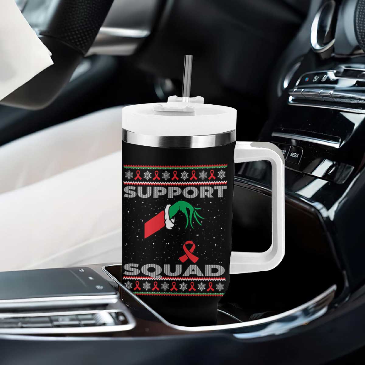 Funny Green Hand Red Ribbon HIV Awareness Tumbler With Handle Support Squad Ugly Sweater Gift TS12 Print Your Wear