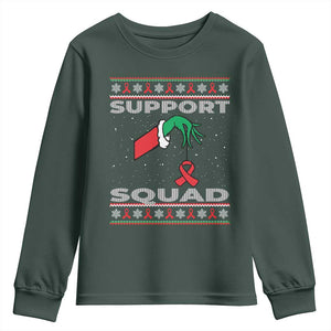 Funny Green Hand Red Ribbon HIV Awareness Youth Sweatshirt Support Squad Ugly Sweater Gift TS12 Dark Forest Green Print Your Wear