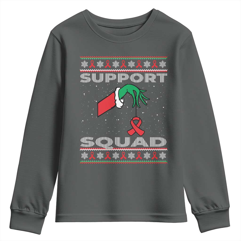 Funny Green Hand Red Ribbon HIV Awareness Youth Sweatshirt Support Squad Ugly Sweater Gift TS12 Dark Heather Print Your Wear