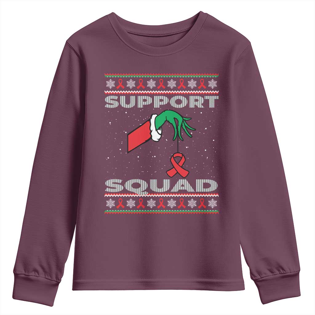 Funny Green Hand Red Ribbon HIV Awareness Youth Sweatshirt Support Squad Ugly Sweater Gift TS12 Maroon Print Your Wear