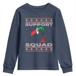 Funny Green Hand Red Ribbon HIV Awareness Youth Sweatshirt Support Squad Ugly Sweater Gift TS12 Navy Print Your Wear