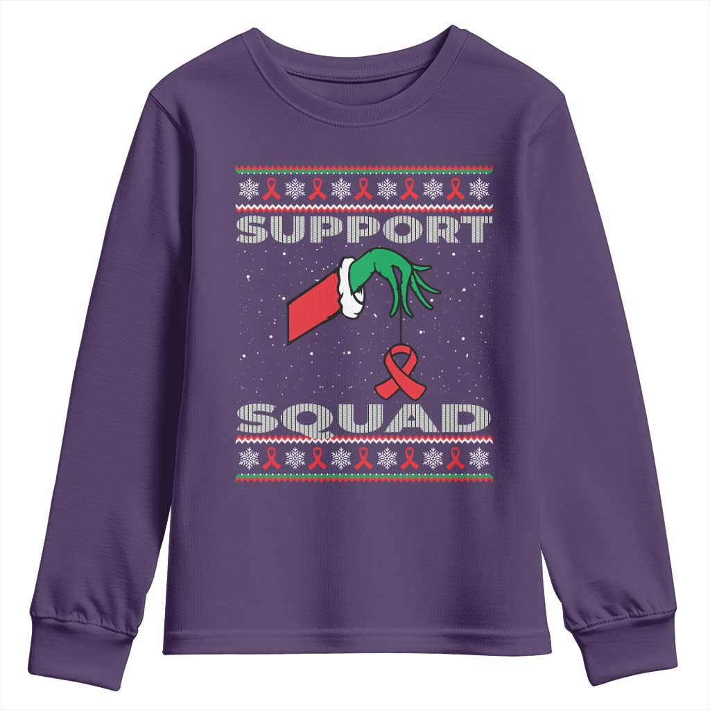 Funny Green Hand Red Ribbon HIV Awareness Youth Sweatshirt Support Squad Ugly Sweater Gift TS12 Purple Print Your Wear
