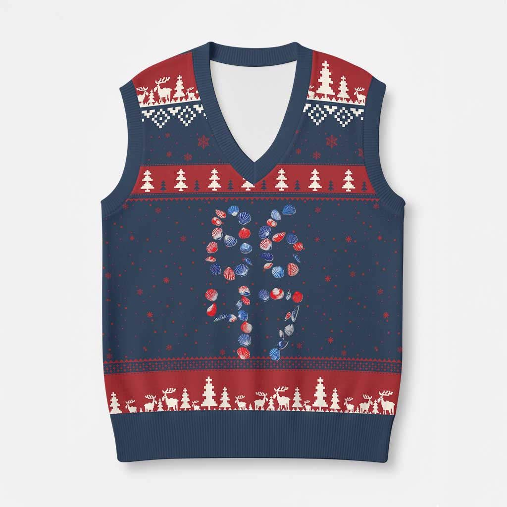 Red White Blue Seashell 8647 V-Neck Knit Sweater Vest Viral 2026 Beach Walk Satire Graphic TS12 Navy Red Print Your Wear