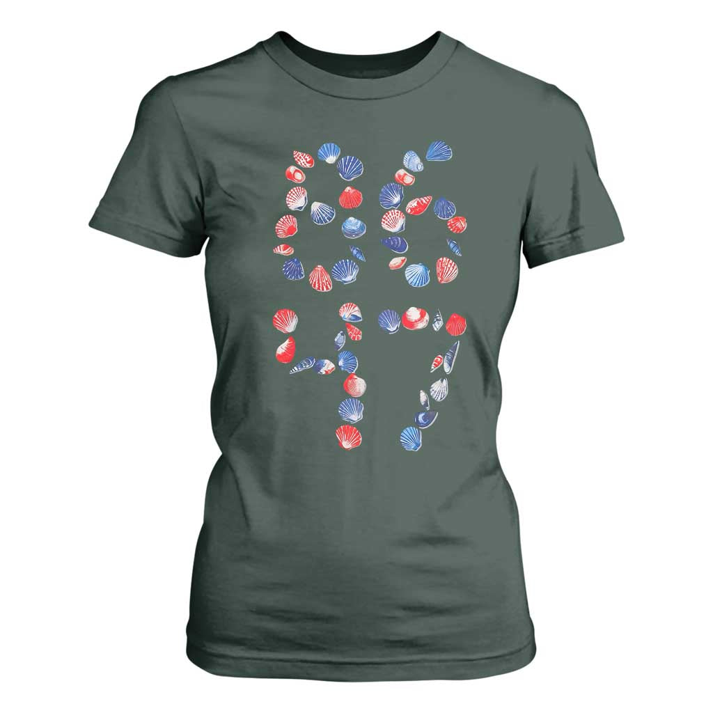 Red White Blue Seashell 8647 T Shirt For Women Viral 2026 Beach Walk Satire Graphic TS12 Dark Forest Green Print Your Wear