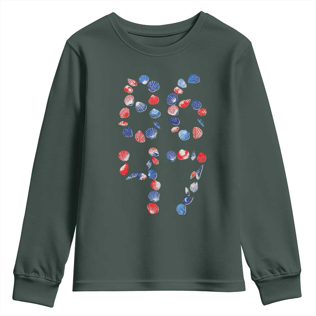 Red White Blue Seashell 8647 Youth Sweatshirt Viral 2026 Beach Walk Satire Graphic TS12 Dark Forest Green Print Your Wear