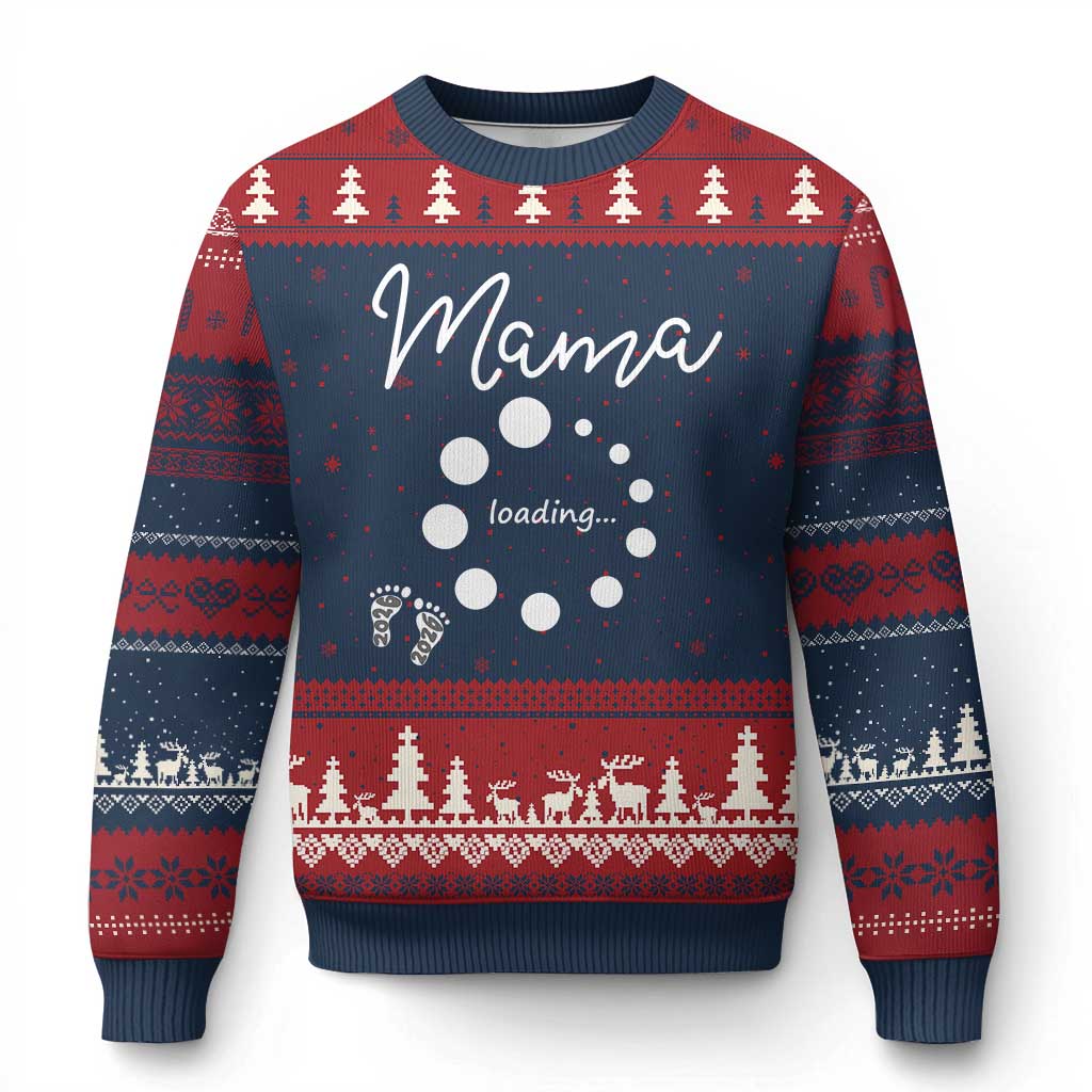 Mama Loading 2026 Ugly Christmas Sweater Pregnancy Announcement Mothers Day TS12 Navy Red Print Your Wear