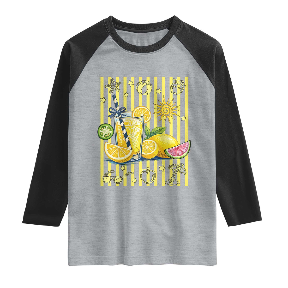Striped Summer Lemonade Raglan Shirt Preppy Brushstroke Aesthetic Graphic TS12 Heather Gray Black Print Your Wear