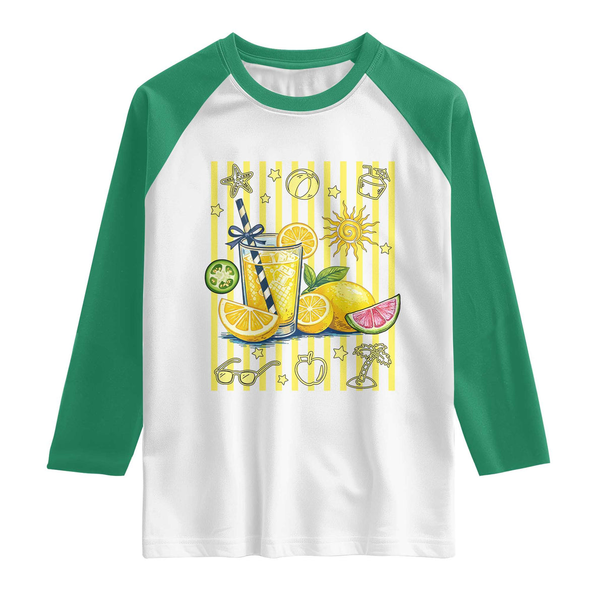 Striped Summer Lemonade Raglan Shirt Preppy Brushstroke Aesthetic Graphic TS12 White Kelly Green Print Your Wear
