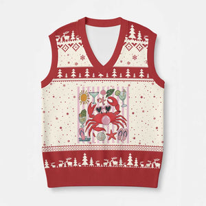 Funny Crab Tropical Summer Vacation Gift V-Neck Knit Sweater Vest Striped Summer Beach Vibes TS12 Beige Red Print Your Wear