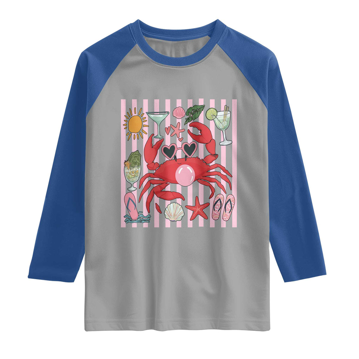 Funny Crab Tropical Summer Vacation Gift Raglan Shirt Striped Summer Beach Vibes TS12 Sport Gray Royal Print Your Wear