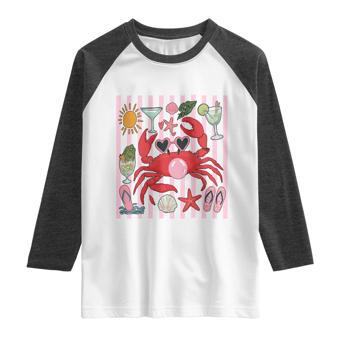 Funny Crab Tropical Summer Vacation Gift Raglan Shirt Striped Summer Beach Vibes TS12 White Heather Charcoal Print Your Wear