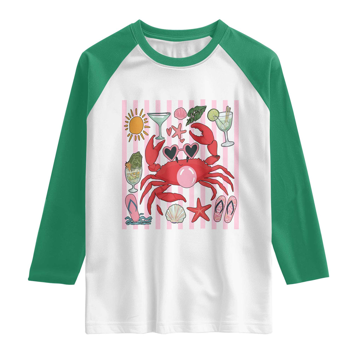 Funny Crab Tropical Summer Vacation Gift Raglan Shirt Striped Summer Beach Vibes TS12 White Kelly Green Print Your Wear