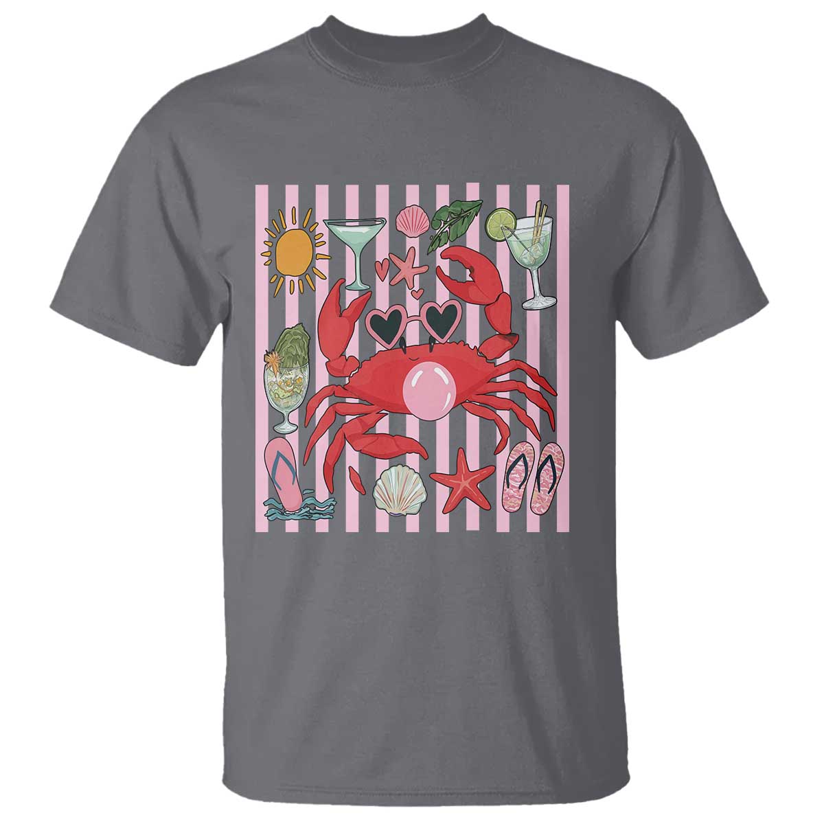 Funny Crab Tropical Summer Vacation Gift T Shirt Striped Summer Beach Vibes TS12 Charcoal Print Your Wear