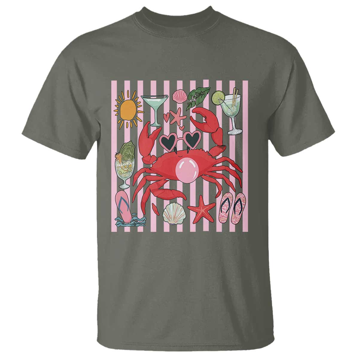 Funny Crab Tropical Summer Vacation Gift T Shirt Striped Summer Beach Vibes TS12 Military Green Print Your Wear