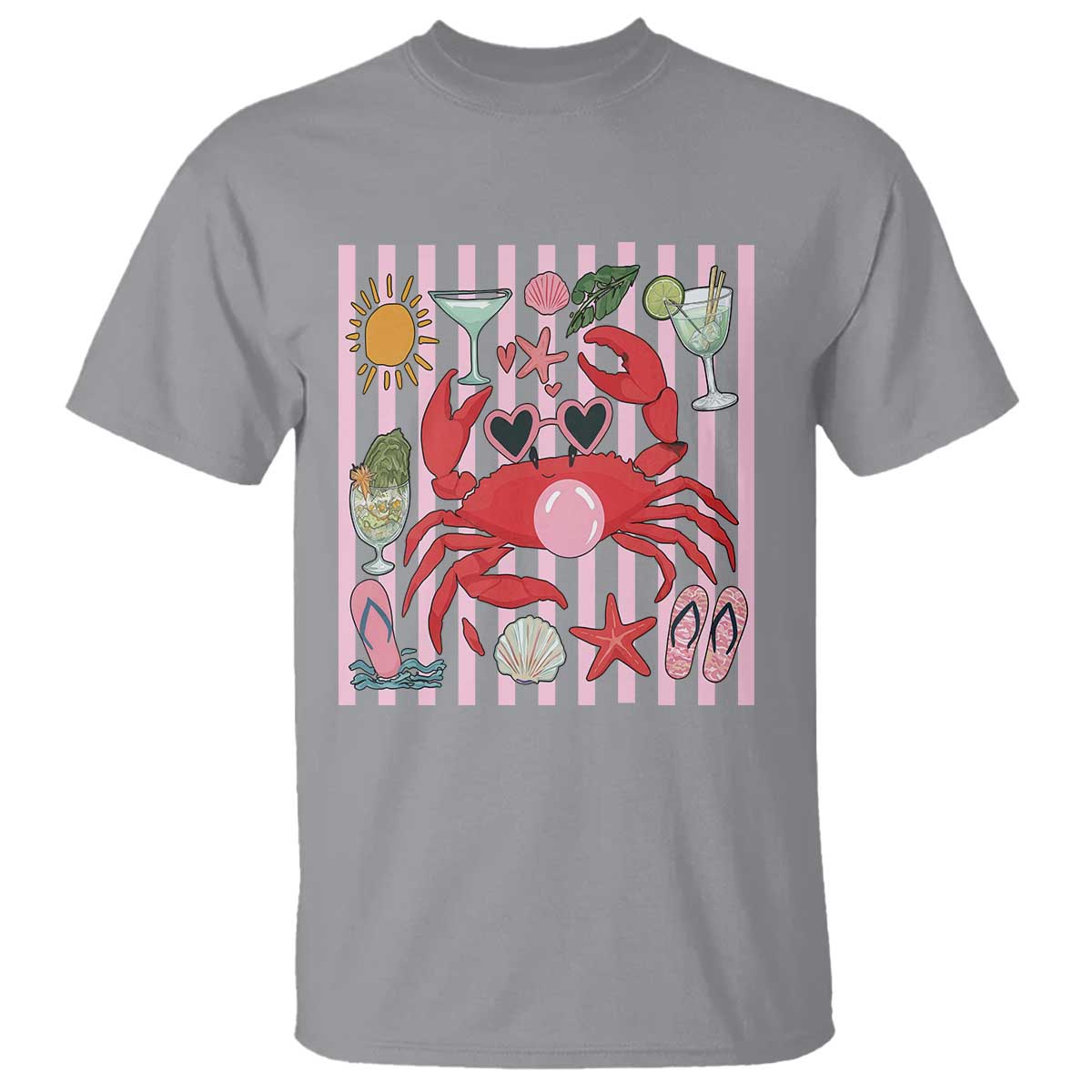 Funny Crab Tropical Summer Vacation Gift T Shirt Striped Summer Beach Vibes TS12 Sport Gray Print Your Wear