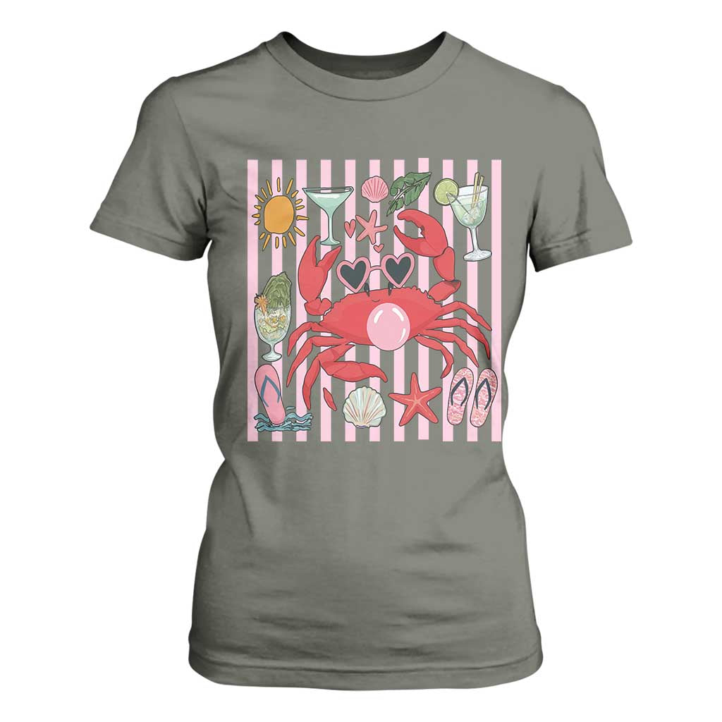 Funny Crab Tropical Summer Vacation Gift T Shirt For Women Striped Summer Beach Vibes TS12 Military Green Print Your Wear