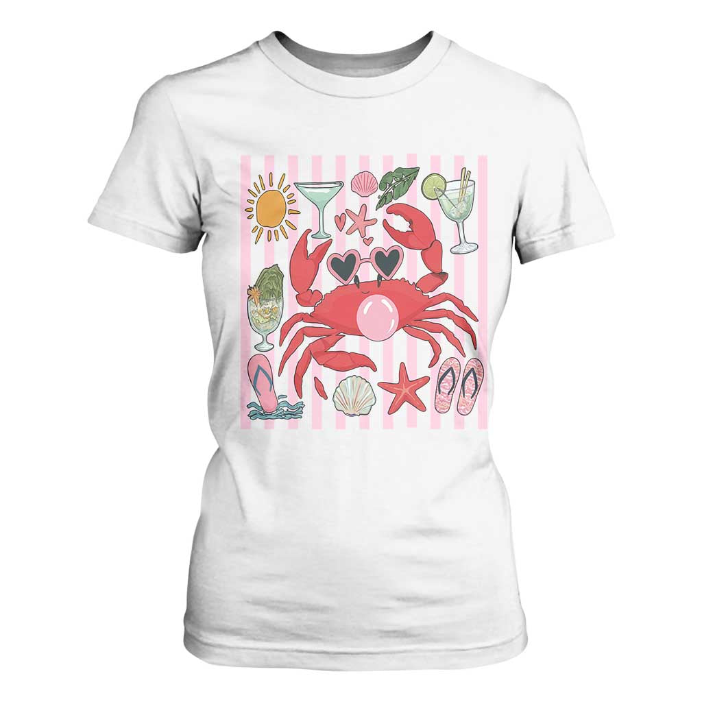 Funny Crab Tropical Summer Vacation Gift T Shirt For Women Striped Summer Beach Vibes TS12 White Print Your Wear