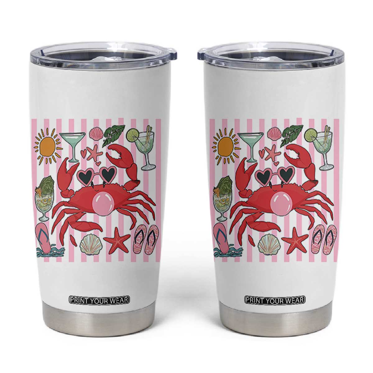 Funny Crab Tropical Summer Vacation Gift Tumbler Cup Striped Summer Beach Vibes TS12 White Print Your Wear