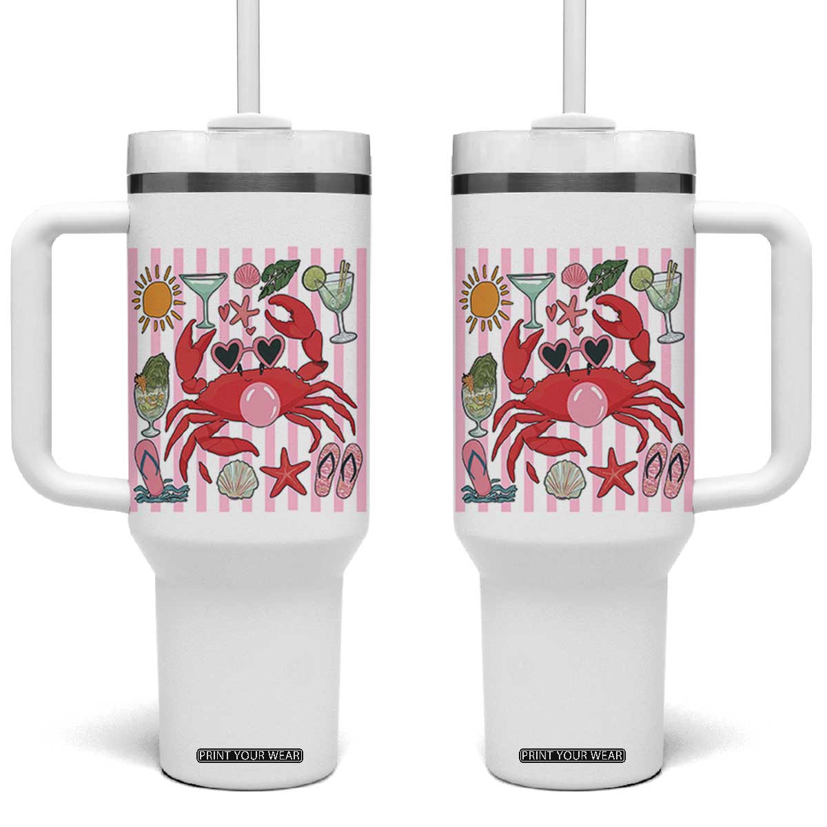 Funny Crab Tropical Summer Vacation Gift Tumbler With Handle Striped Summer Beach Vibes TS12 One Size: 40 oz White Print Your Wear