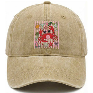Funny Crab Tropical Summer Vacation Gift Washed Cotton Baseball Cap Striped Summer Beach Vibes TS12 Print Your Wear
