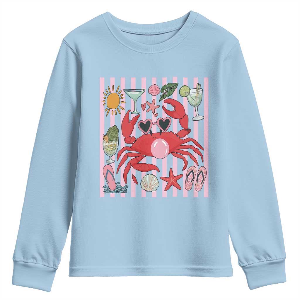 Funny Crab Tropical Summer Vacation Gift Youth Sweatshirt Striped Summer Beach Vibes TS12 Light Blue Print Your Wear