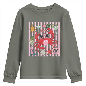 Funny Crab Tropical Summer Vacation Gift Youth Sweatshirt Striped Summer Beach Vibes TS12 Military Green Print Your Wear
