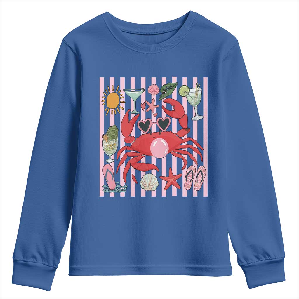 Funny Crab Tropical Summer Vacation Gift Youth Sweatshirt Striped Summer Beach Vibes TS12 Royal Blue Print Your Wear